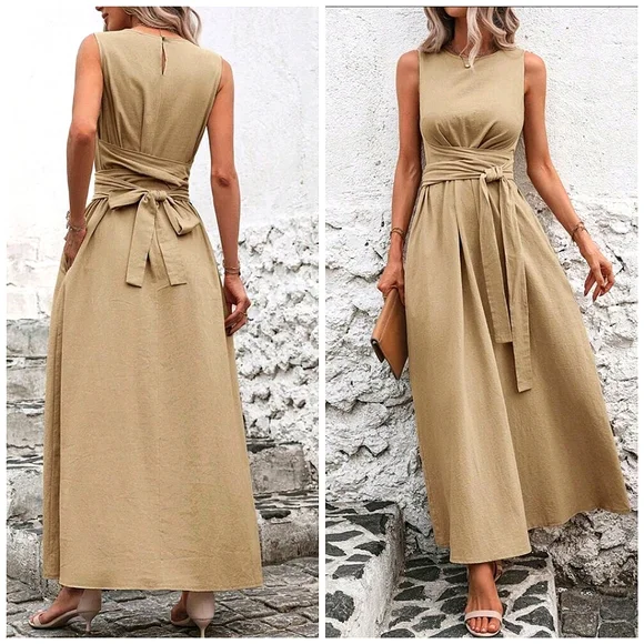 New Textured Cotton High Neck Wrap Tie Waist Maxi Dress Tan Camel Beige - Picture 1 of 9